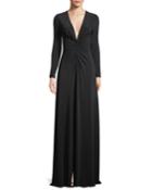 Long-sleeve Ruched-front V-neck Gown