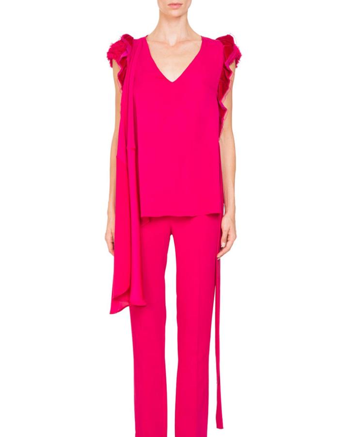 V-neck Ruffled Shoulder Self-tie Belt Silk Georgette Top