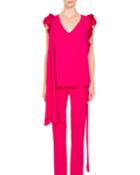 V-neck Ruffled Shoulder Self-tie Belt Silk Georgette Top