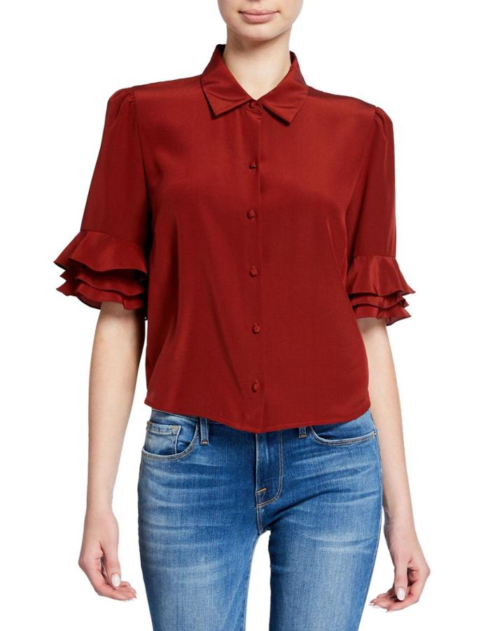 Button-front Ruffle Sleeve Crop Top