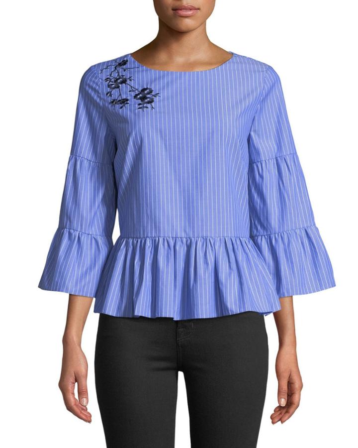 Cameron Floral-embroidered Striped Peplum Blouse