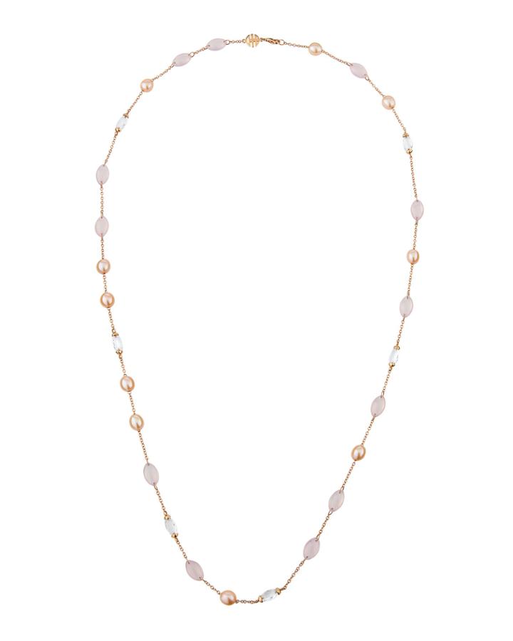 18k Rose Gold Pink Quartz, Rock Crystal And Pink Pearl Necklace