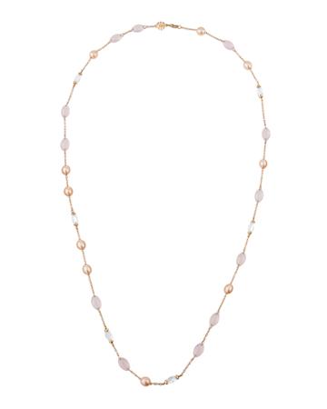18k Rose Gold Pink Quartz, Rock Crystal And Pink Pearl Necklace