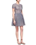 Lattice Gingham Fit-and-flare Dress, Indigo/white