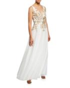 Embroidered V-neck Sleeveless A-line Gown