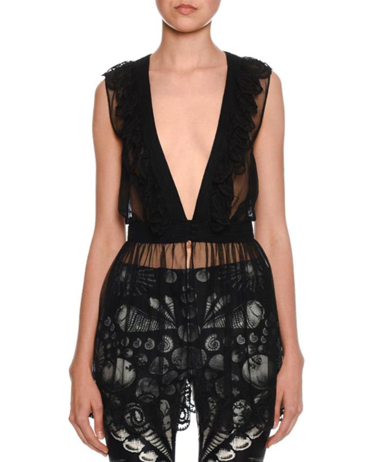 Sleeveless Embroidered Tulle Peplum Blouse