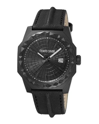 Men's 43mm Pyramid-bezel Watch W/ Leather Strap, Black Ip