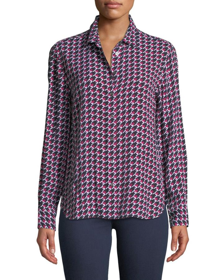 Leema Long-sleeve Button-front Houndstooth Blouse