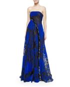 Strapless Asymmetric Beaded Gown, Cobalt/black