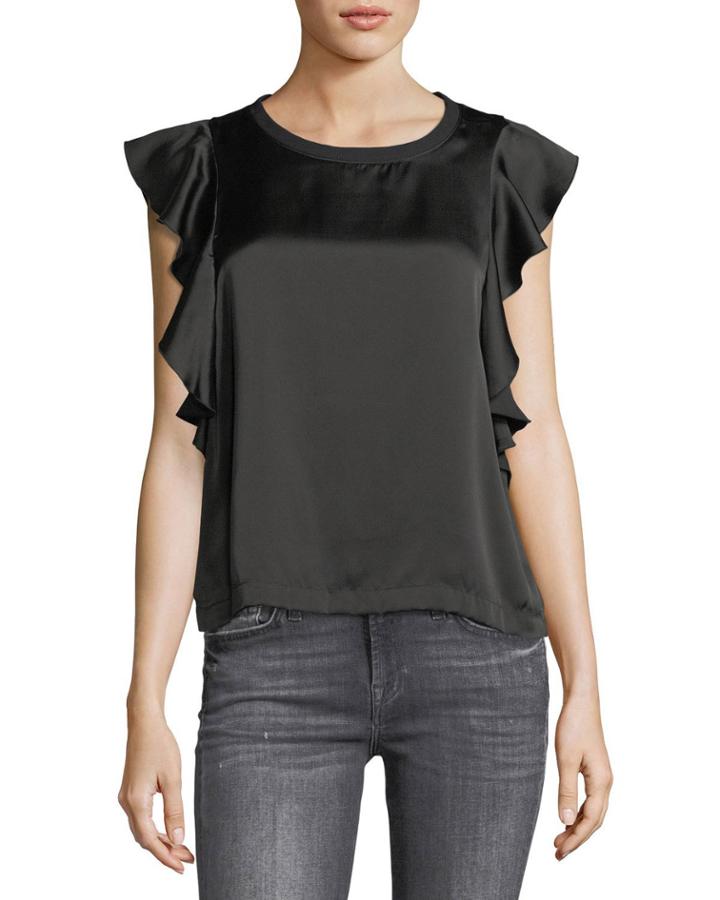 Crewneck Satin Side-ruffle Top