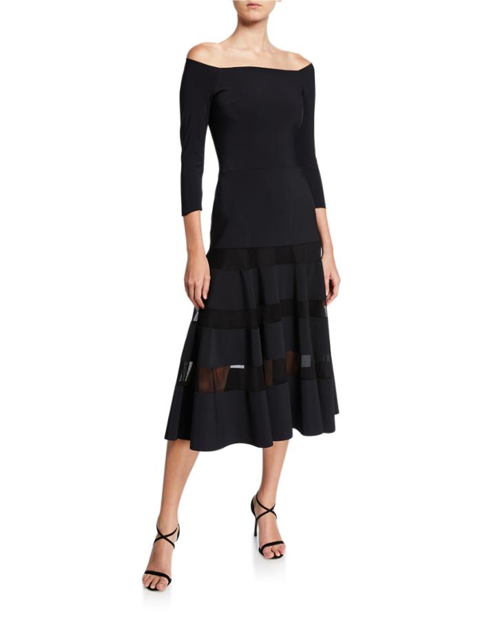 Off-the-shoulder A-line Midi Dress With Sheer