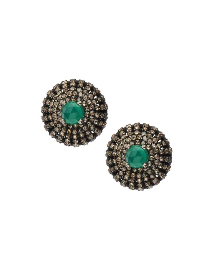 Black Silver Round Stud Earrings With Green Onyx & Diamonds