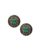 Black Silver Round Stud Earrings With Green Onyx & Diamonds