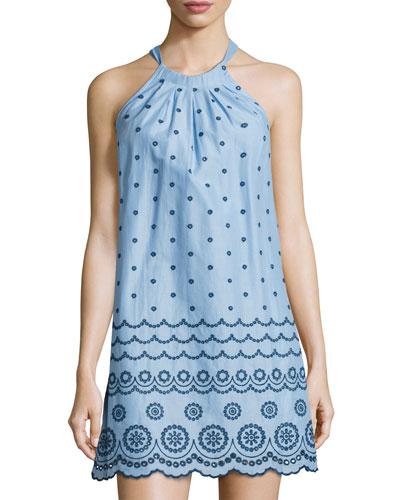 Sydney Embroidered Halter Dress, Blue