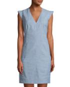 V-neck Chambray Sheath Dress W/ Ruffled
