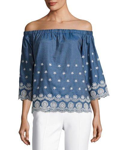 Off-the-shoulder Denim Top, Blue