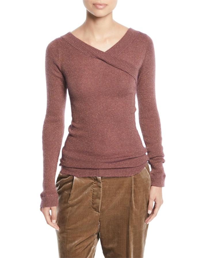 V-neck Long-sleeve Metallic Mohair Ribbed