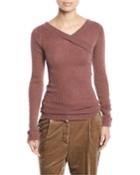 V-neck Long-sleeve Metallic Mohair Ribbed