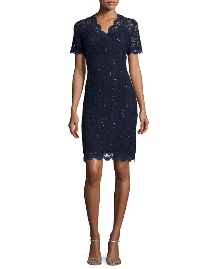 Marina Scalloped-trim Short-sleeve Lace Dress, Navy, Women's,