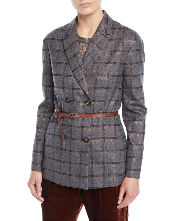 Double-breasted Metallic Plaid Blazer W/