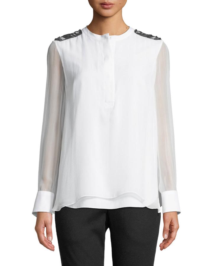 Long-sleeve Silk Organza Henley With Monili & Swarovski&reg; Details, White