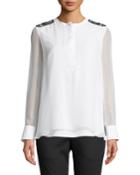 Long-sleeve Silk Organza Henley With Monili & Swarovski&reg; Details, White