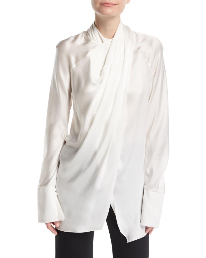 Draped Silk Crossover-neck Blouse