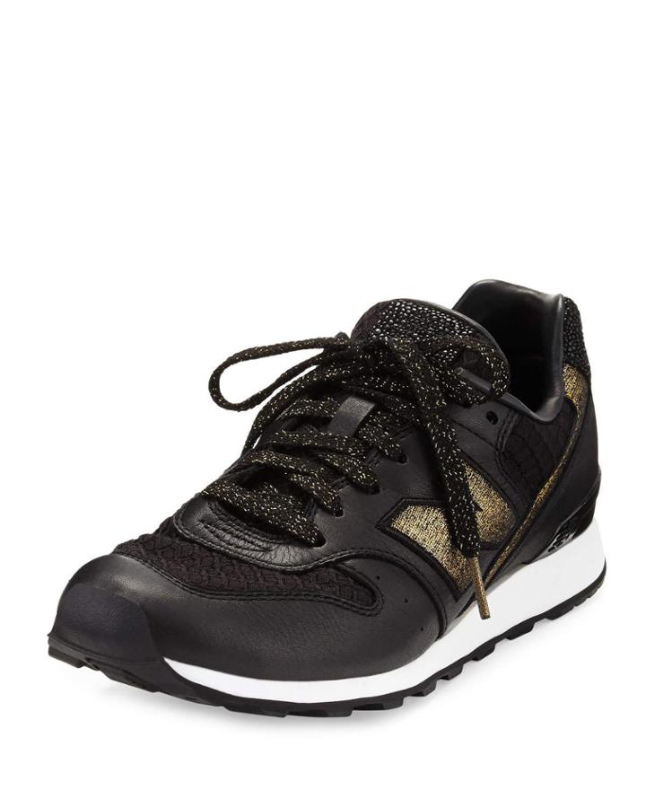 Embossed Leather Sneaker, Black/gold