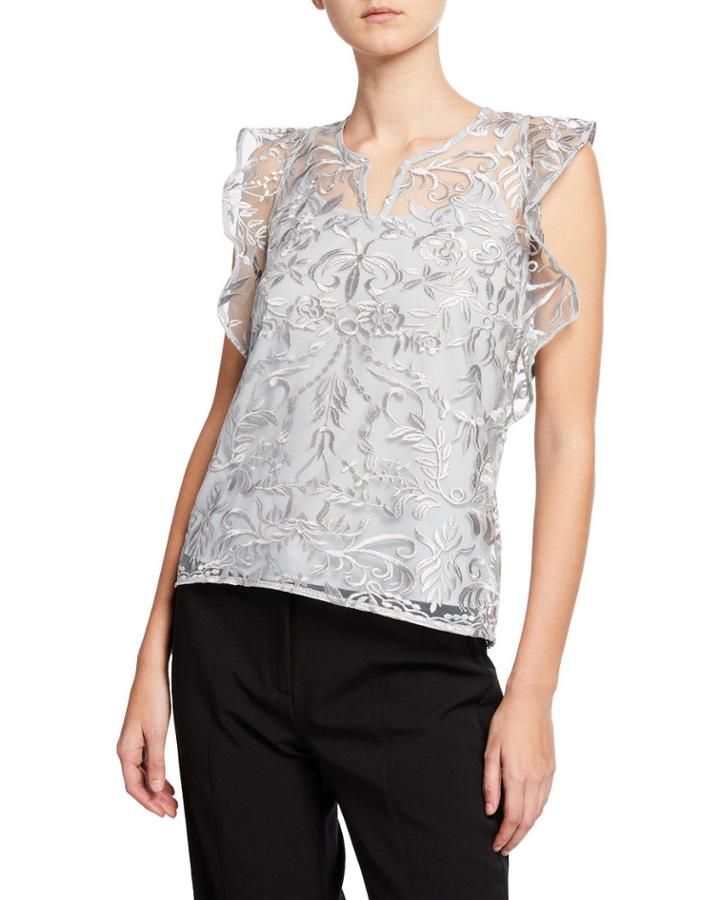 Embroidered Mesh Ruffle-sleeve Blouse