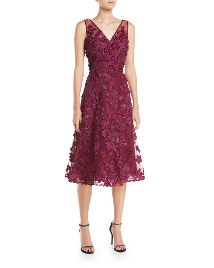 Tulle Tea-length Dress W/ Floral Appliques