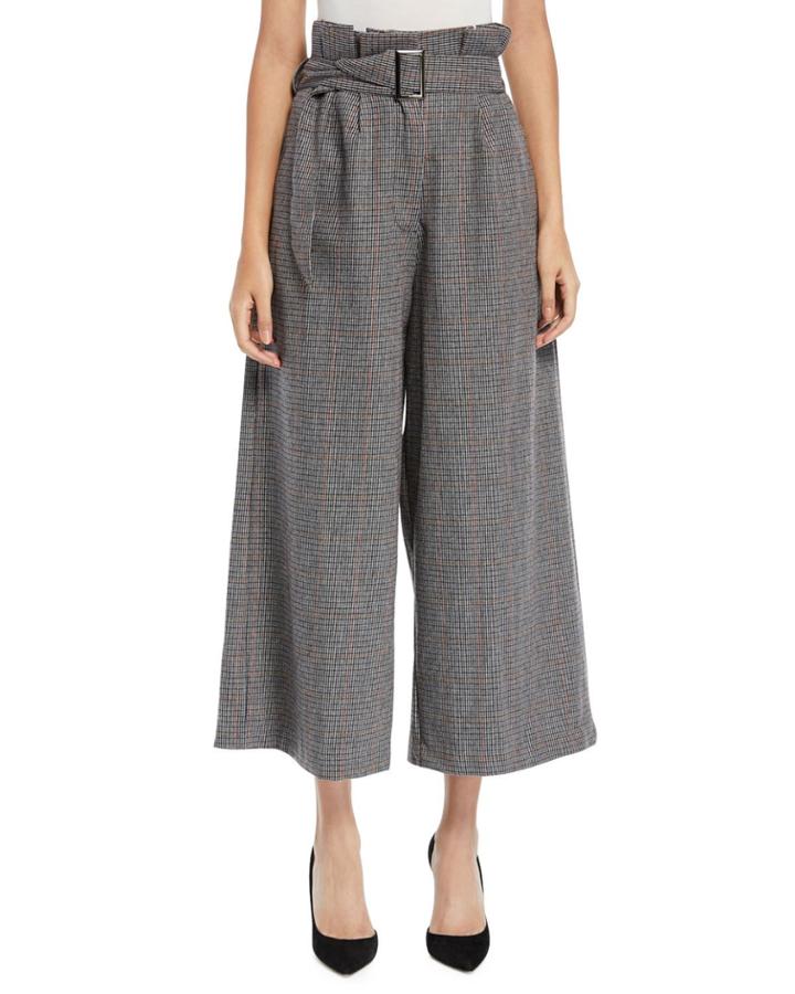 Glen-plaid Wide-leg Paperbag Trouser Cropped Pants