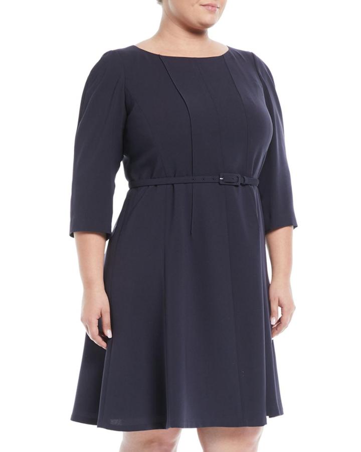 Amalie 3/4-sleeve A-line Crepe Dress W/ Belt,