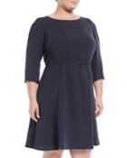 Amalie 3/4-sleeve A-line Crepe Dress W/ Belt,