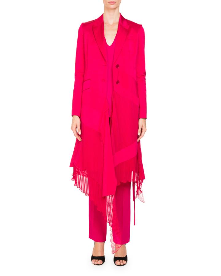 Two-button Mixed-panel Ruffled-hem Linen-silk Coat