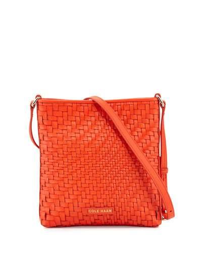 Lena Woven Leather Crossbody Bag, Citrus Red