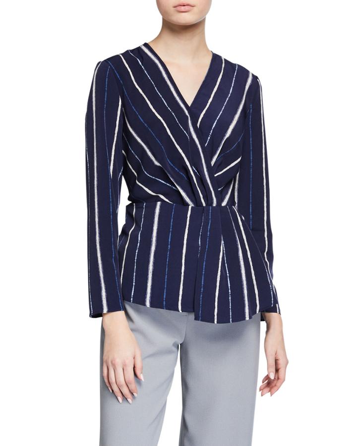 Long-sleeve Pleated Surplice Knit Top
