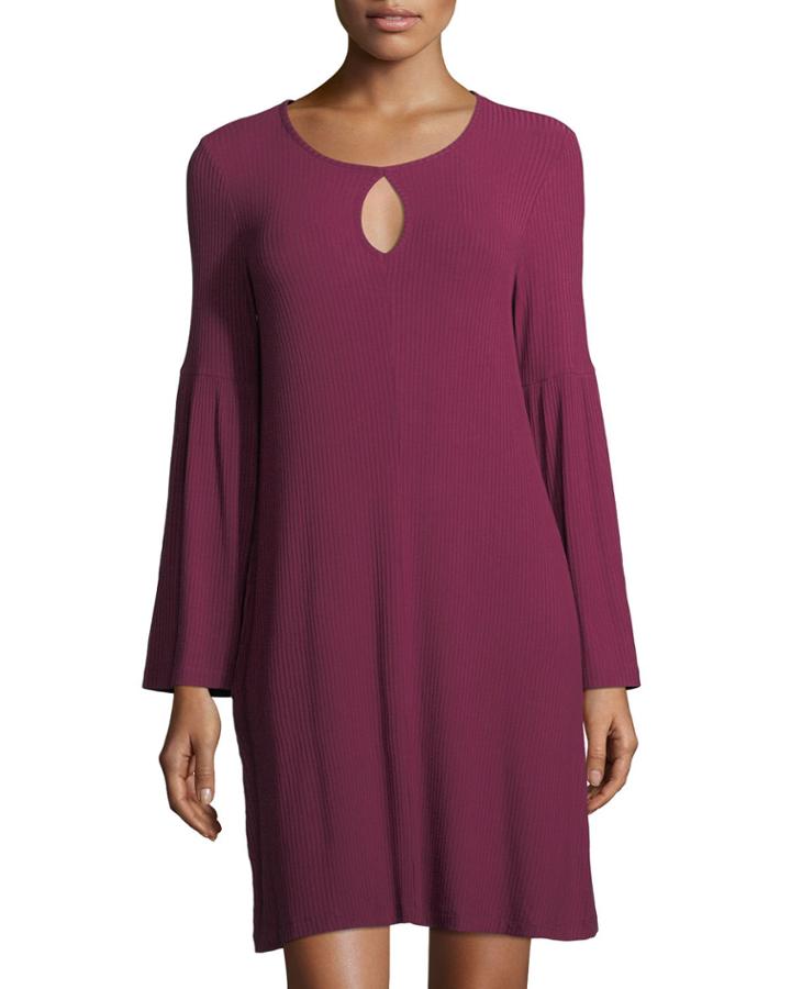 Bell-sleeve Keyhole Jersey Dress, Plum