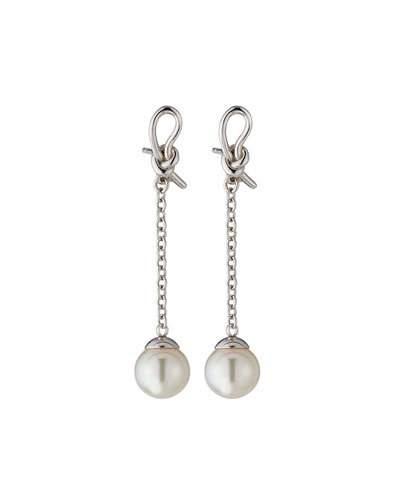 7mm Round Pearl Ribbon Drop Earrings, White