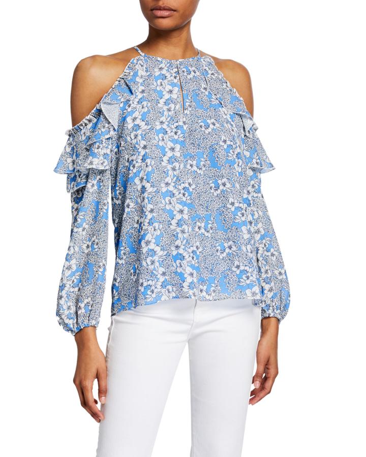 Floral Cold-shoulder Ruffle Blouse