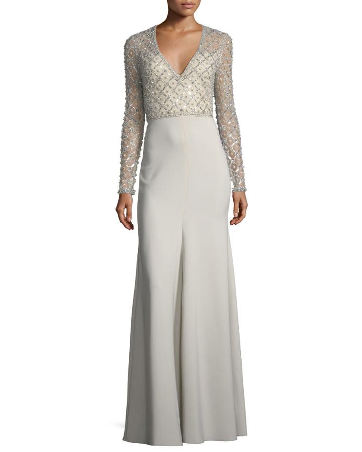 V-neck Long-sleeve Beaded Top Crepe Skirt Evening Gown