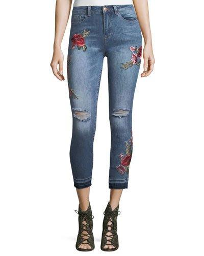 Cropped Distressed Embroidered Jeans