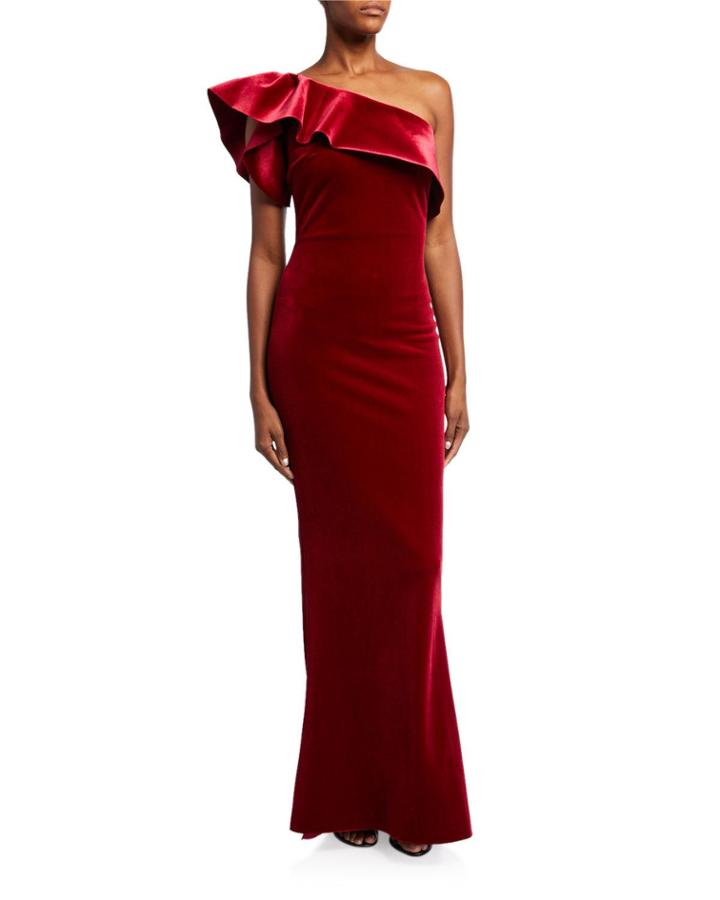 One-shoulder Ruffle Velvet Column Gown