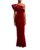One-shoulder Ruffle Velvet Column Gown