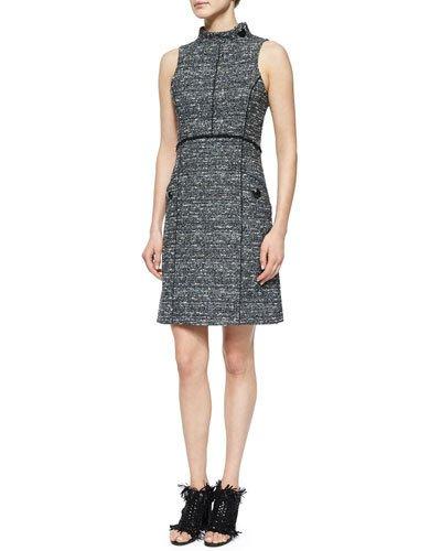 Sleeveless Stand-collar Tweed Dress