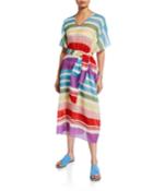 Striped V-neck Short-sleeve Belted Caftan