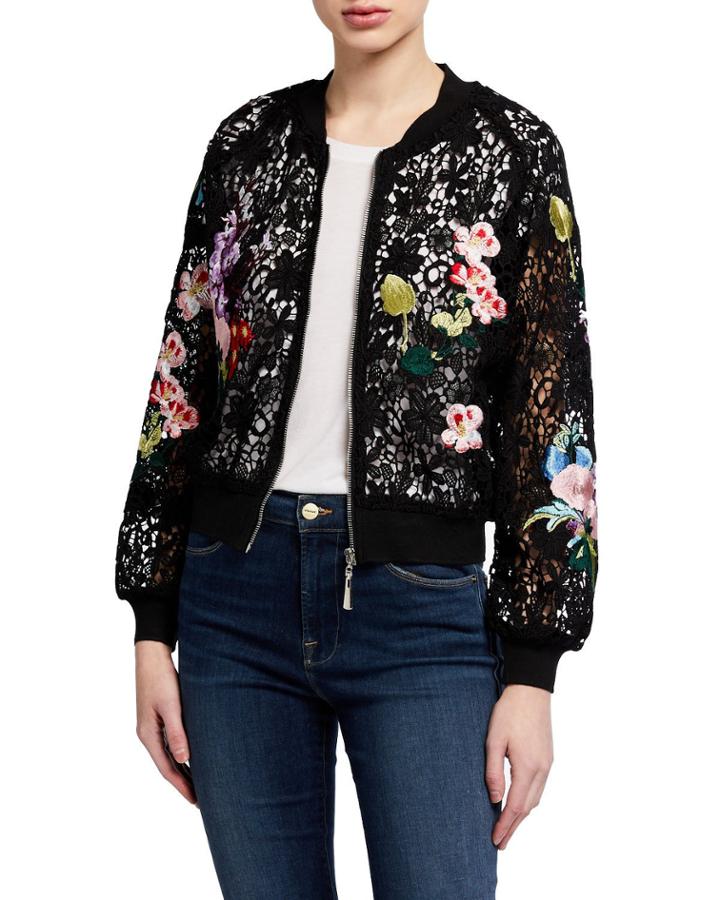 Floral Embroidered Lace Bomber Jacket