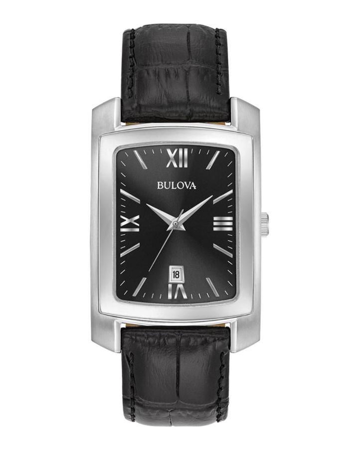 Men's 31mm Rectangular Watch W/ Crocodile Strap, Black/silver