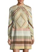 Geo-print Pleated Silk Long-sleeve Dress