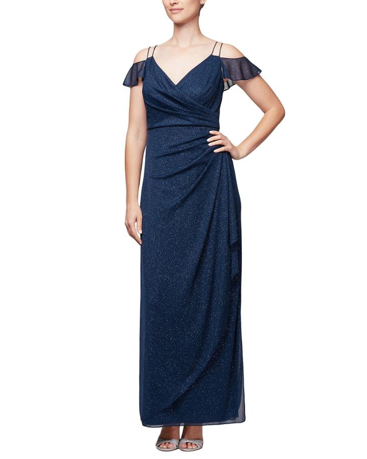 Long Cold-shoulder Dress With Cascade