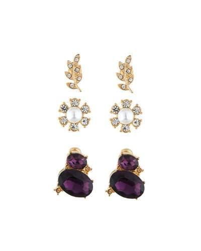 Mixed Crystal & Pearl Stud Earring Trio, Set Of Three, Gold